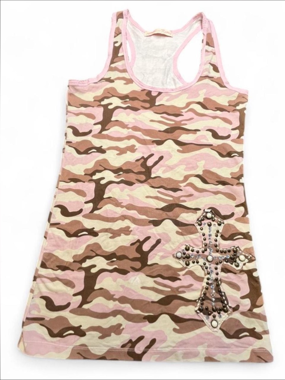 Miss Me Pink camo tank top/mini dress with rhinestone cross, Size: L